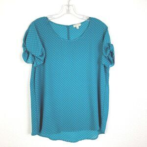 Lily White Womens Blouse Size M Green With Orange Polka Dots Office Business